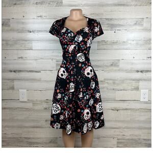 Oten Fit Flare Dress Women’s XL Black Sugar Skull Day Of Dead Pin Up Hot Topic